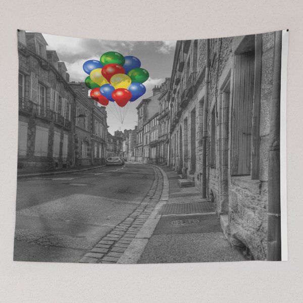 Item preview, France Travel Photography, Black and White, Rural Town Street with Colored Balloons designed and sold by Lizzie May.