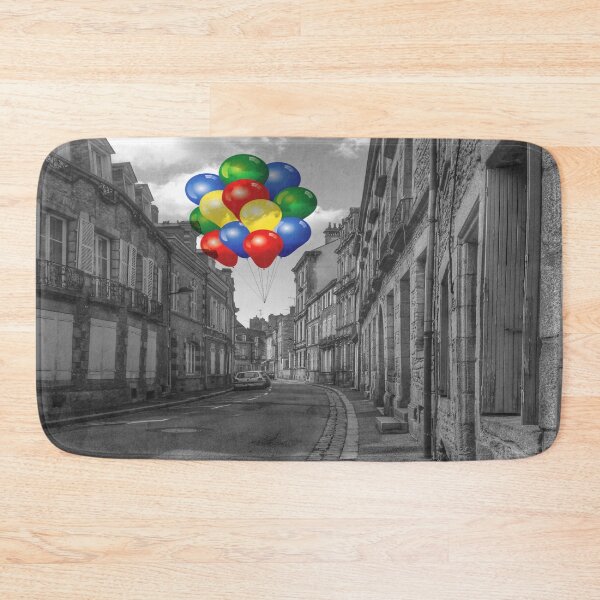 Item preview, France Travel Photography, Black and White, Rural Town Street with Colored Balloons designed and sold by Lizzie May.