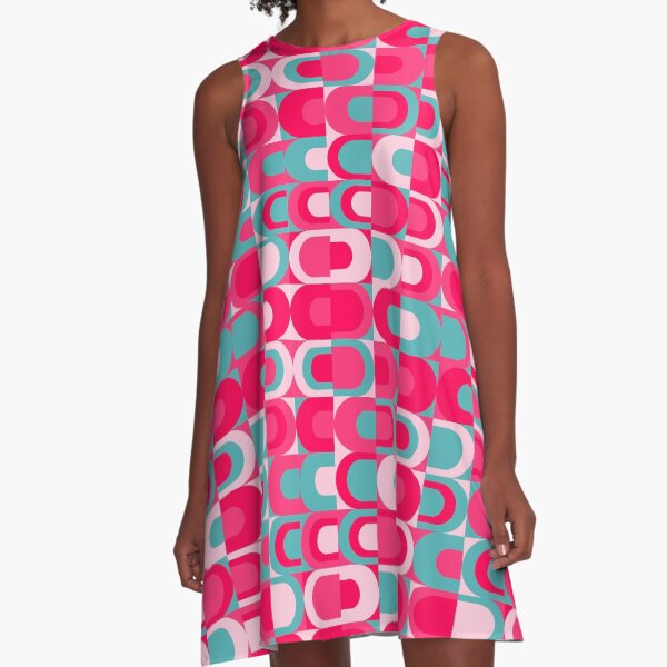 70s Pattern Retro Industrial Pink Party with Blue Teal A-Line Dress