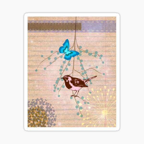 Oiseau sur une branche avec un papillon Sticker