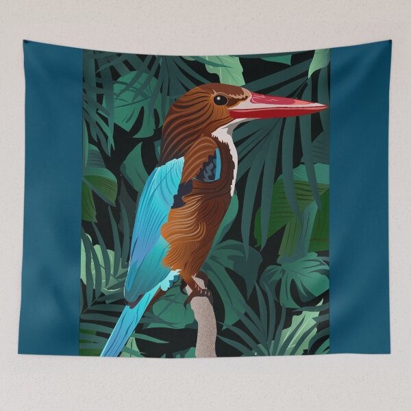 Aperçu de l'œuvre Kingfisher et fond de feuilles tropicales créée et vendue par DBkaushal.