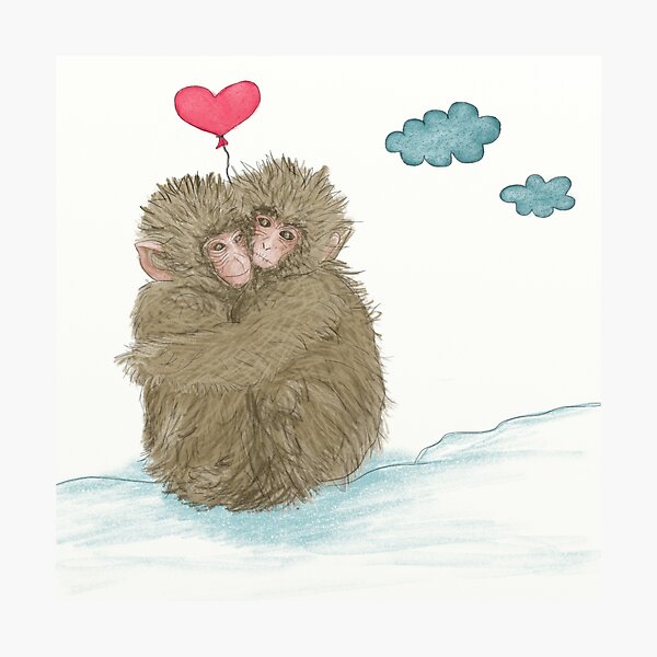 Hugging Snow Monkeys With a Heart Shape Balloon Photographic Print