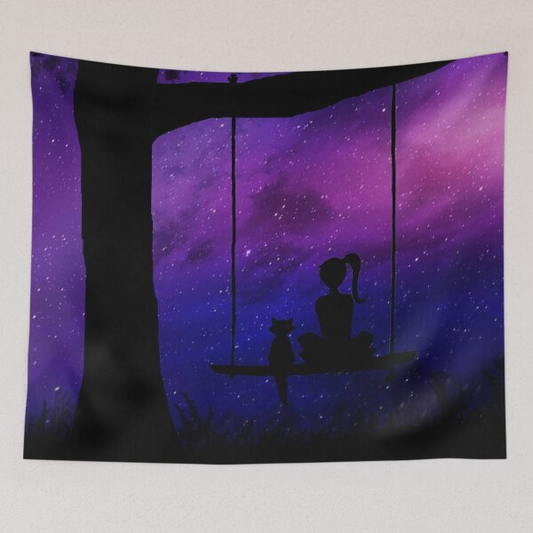 Item preview, Galaxy night sky with girl and her cat designed and sold by IamSabari.