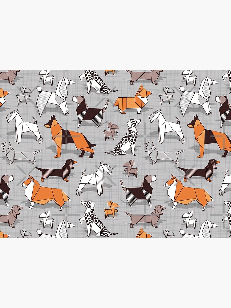 Origami doggie friends // grey linen texture background by SelmaCardoso