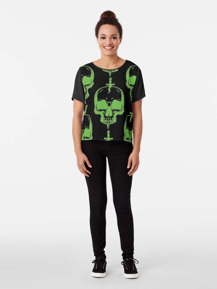 Alternate view of Halloween GREEN SKULL Chiffon Top