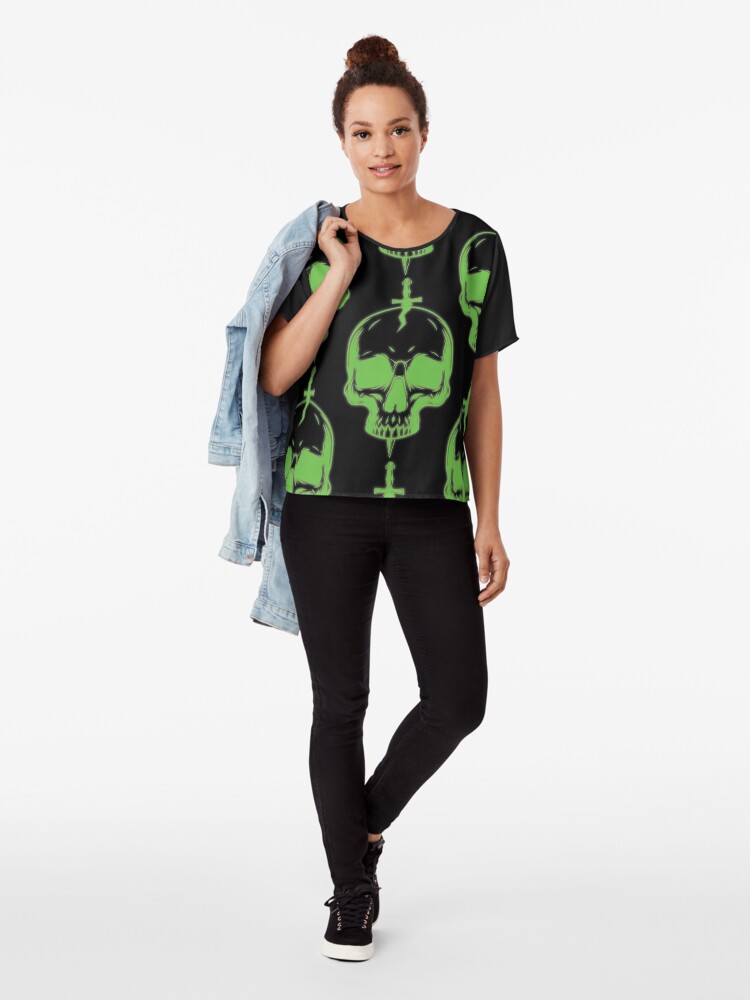 Alternate view of Halloween GREEN SKULL Chiffon Top