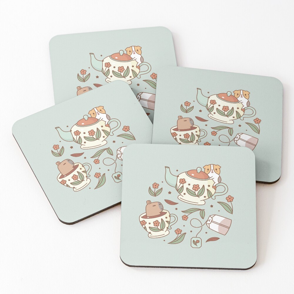 Guinea pig and capybara Tea Party Pattern, Bubu and Moonch Coasters (Set of 4)