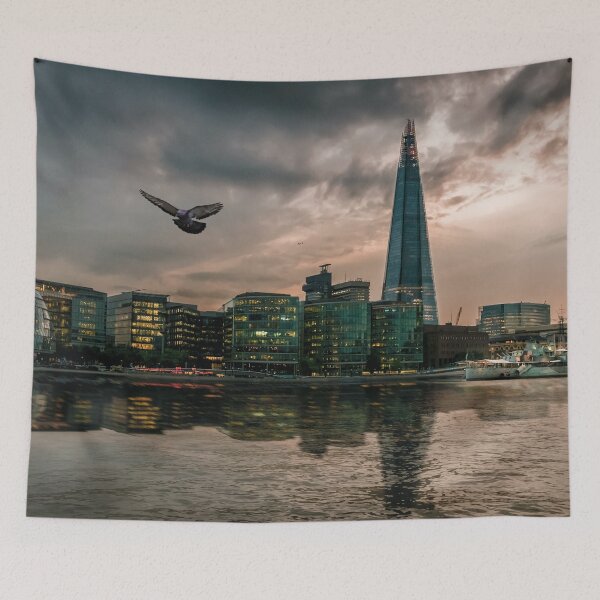 Item preview, Skyline with modern architecture against colourful sunset in London, England, UK designed and sold by SpotlightPro.