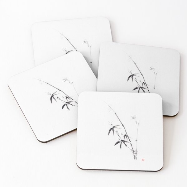Item preview, Oriental sumi-e painting of a young bamboo bush with leaves black on white art print designed and sold by AwenArtPrints.
