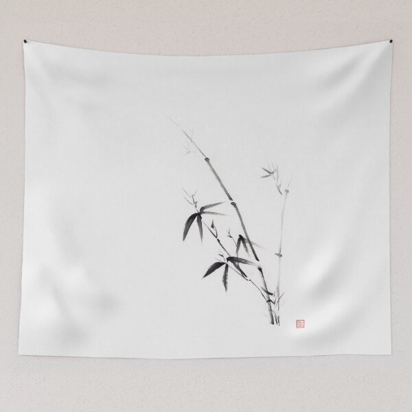Item preview, Oriental sumi-e painting of a young bamboo bush with leaves black on white art print designed and sold by AwenArtPrints.