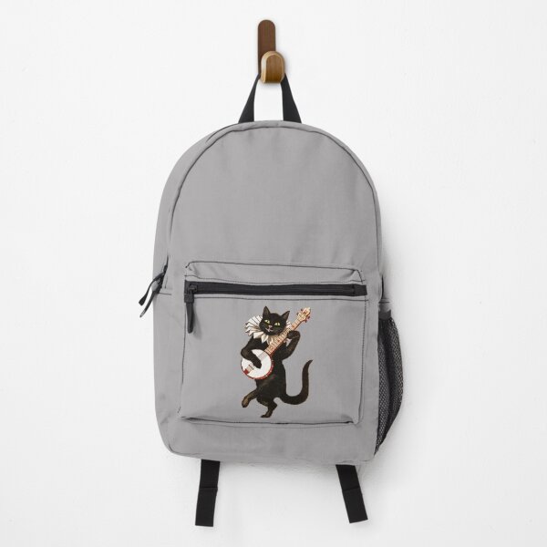 Item preview, Cute Vintage Black Halloween Cat Playing Banjo on Grey Gray Background designed and sold by ShajenDesigns.