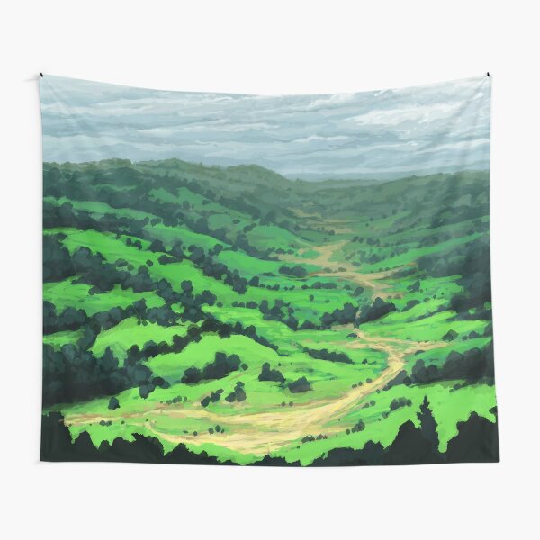 Peaceful Valley - Grassy Meadows and Hills with Trees Tapestry