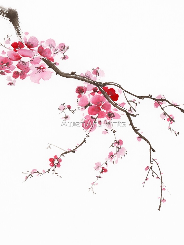 Thumbnail 3 of 3, Scarf, Little blossoming sakura branch with delicate purple pink flowers Oriental Zen style sumi-e artwork art print designed and sold by AwenArtPrints.