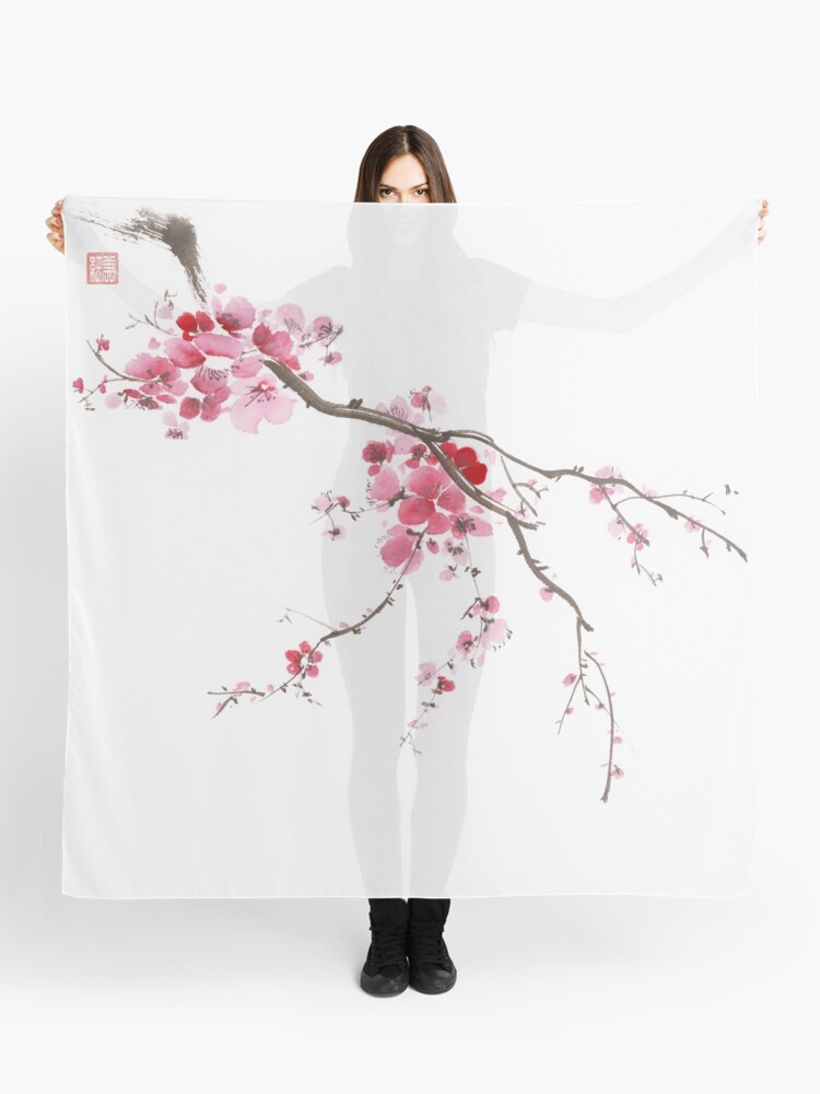 Thumbnail 1 of 3, Scarf, Little blossoming sakura branch with delicate purple pink flowers Oriental Zen style sumi-e artwork art print designed and sold by AwenArtPrints.