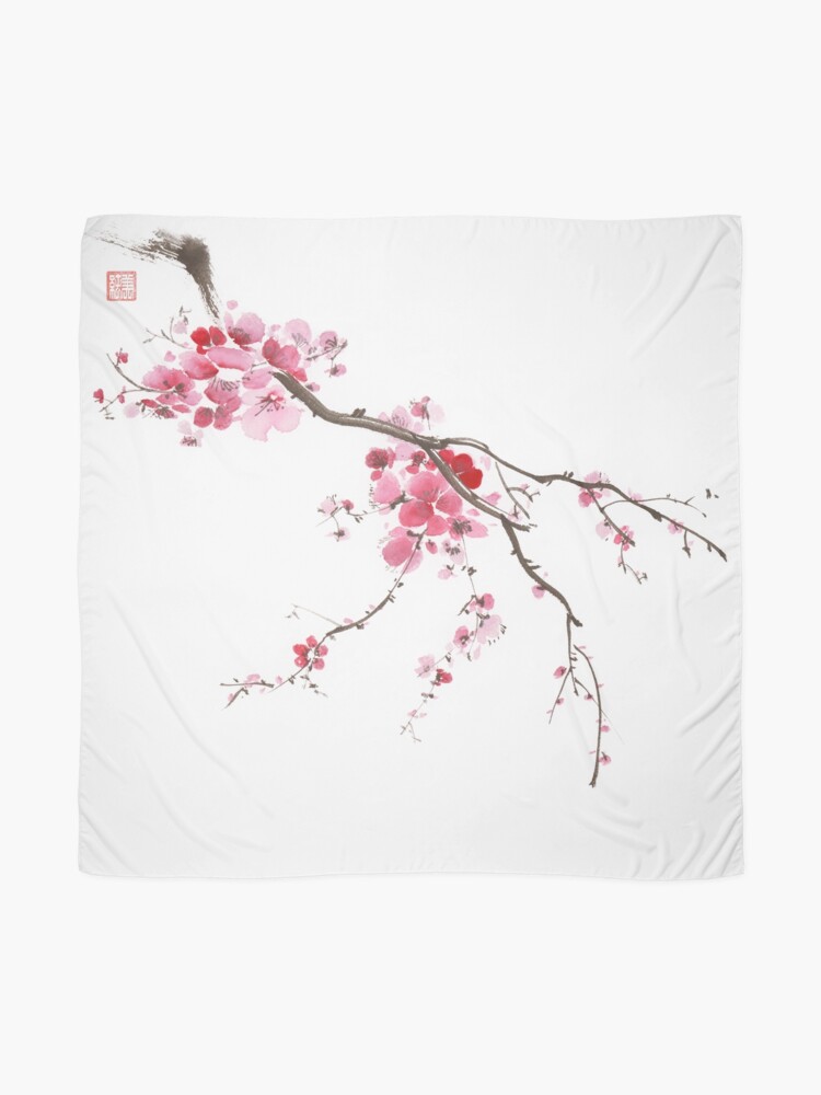 Thumbnail 2 of 3, Scarf, Little blossoming sakura branch with delicate purple pink flowers Oriental Zen style sumi-e artwork art print designed and sold by AwenArtPrints.