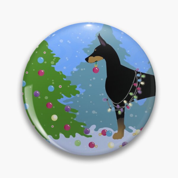 Doberman Pinscher Dog Decorating Christmas Tree in the Forest Pin