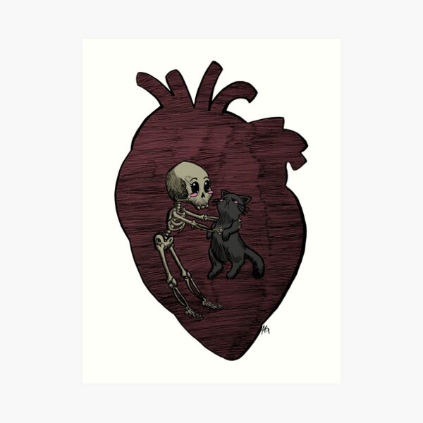 Halloween Skeleton and Cat Friends Art Print