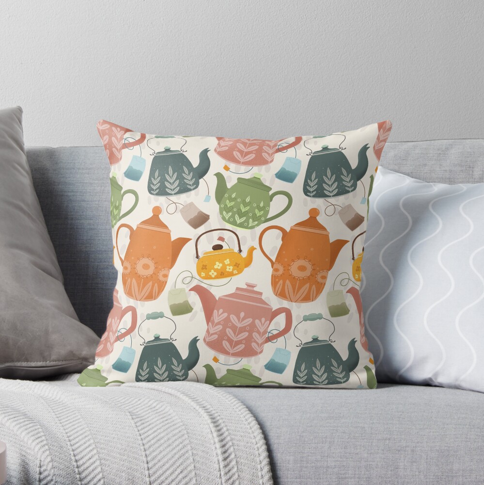 Floral Teapots Throw Pillow