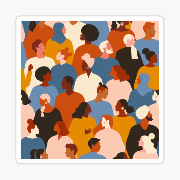 Crowd of young and elderly men and women in trendy hipster clothes. Diverse group of stylish people standing together. Society or population, social diversity. Flat cartoon illustration. Sticker