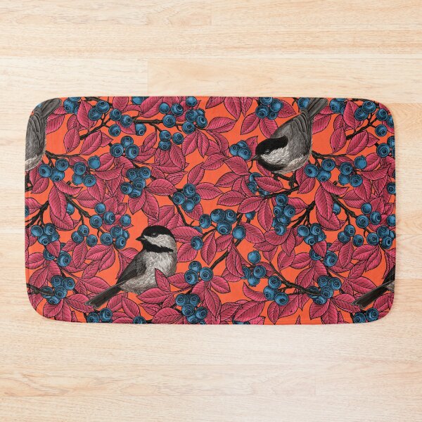 Item preview, Chickadee birds on blueberry branches, red leaves colorway designed and sold by Katerina Mitkova Kirilova.