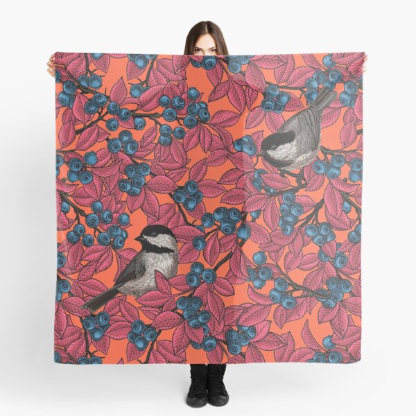 Artikel-Vorschau von Chickadee Vögel auf Blaubeerzweigen, rote Blätter Farbe, designt und verkauft von Katerina Mitkova Kirilova.
