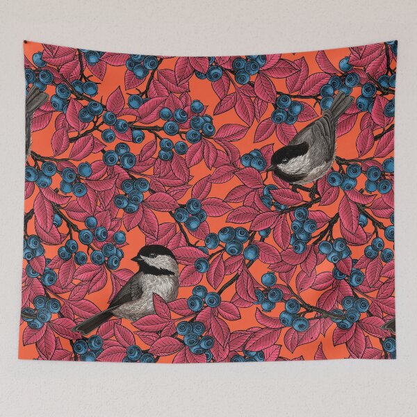 Item preview, Chickadee birds on blueberry branches, red leaves colorway designed and sold by Katerina Mitkova Kirilova.