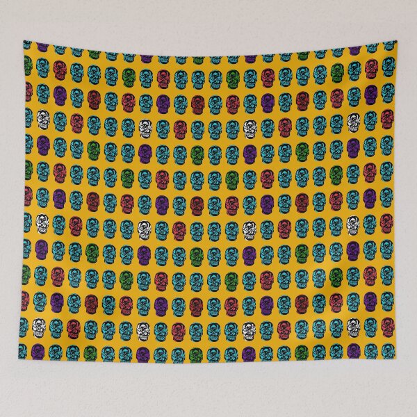 Item preview, A Crowd of Important Skulls, Colorful, fashion, halloween, pattern of geometric skulls on bright yellow background  designed and sold by BDLVandFriends.