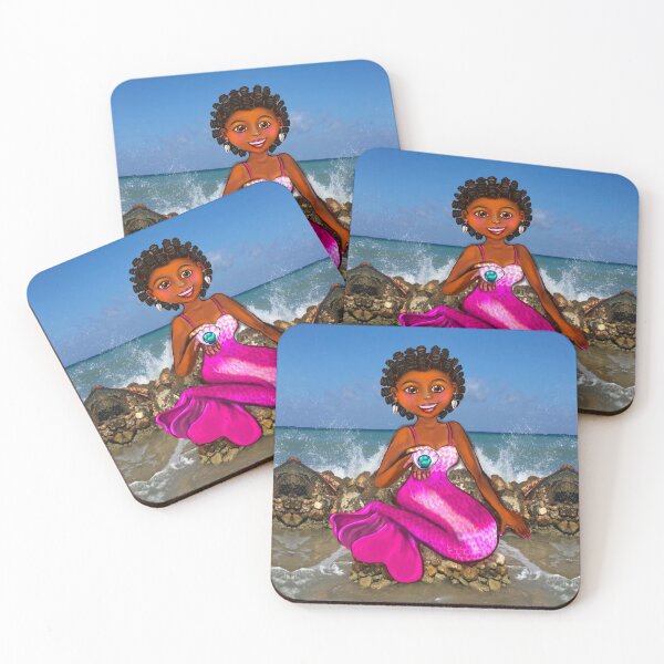 Item preview, Mermaid Anime mermaid holding a rare black pearl,Afro hair in Bantu knots  and caramel brown skin - light background designed and sold by Artonmytee.