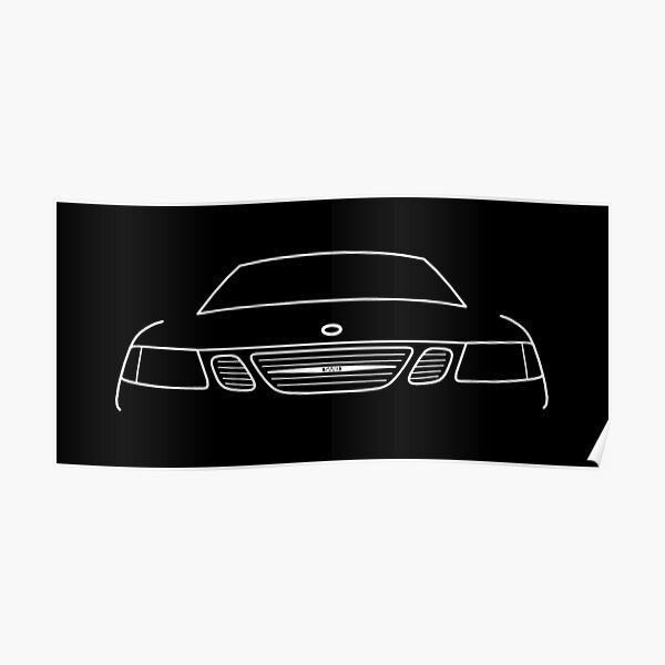 Saab 9-3 classic car white outline graphic Poster