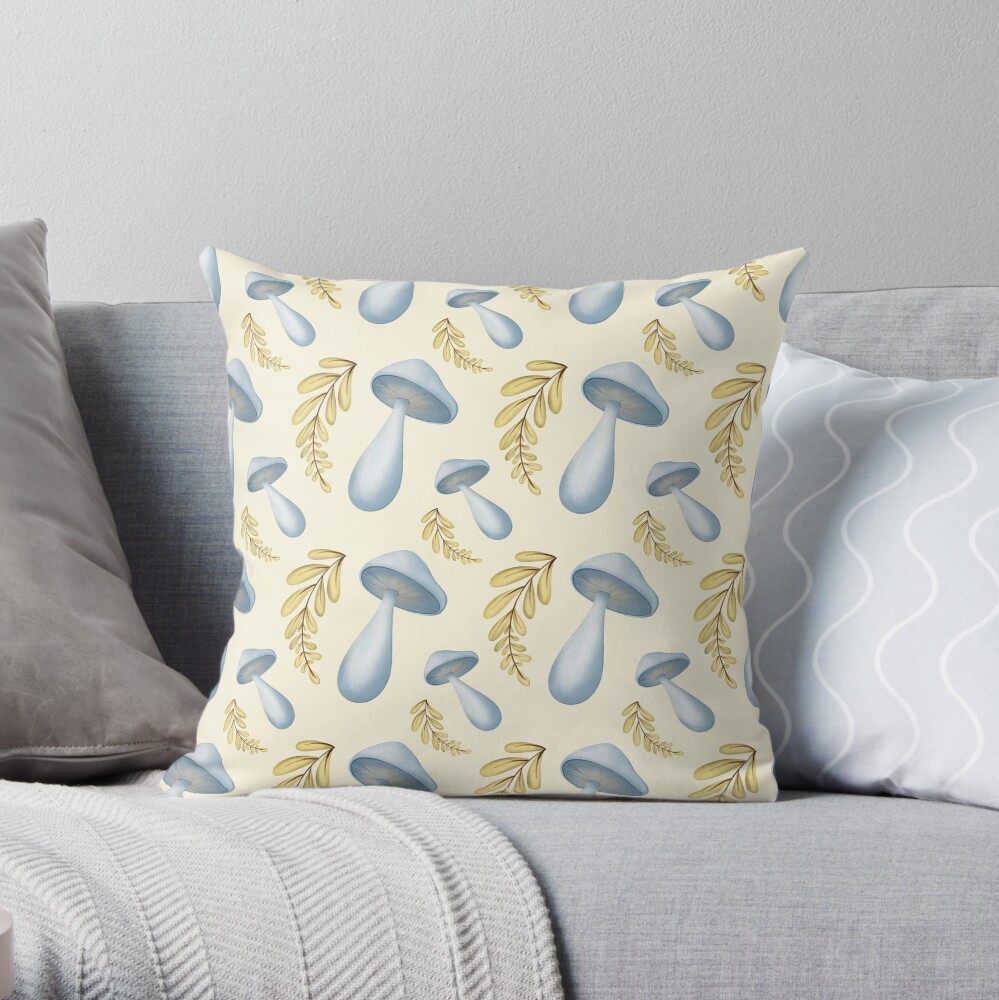 Yellow and Blue mushrooms with greenery Throw Pillow