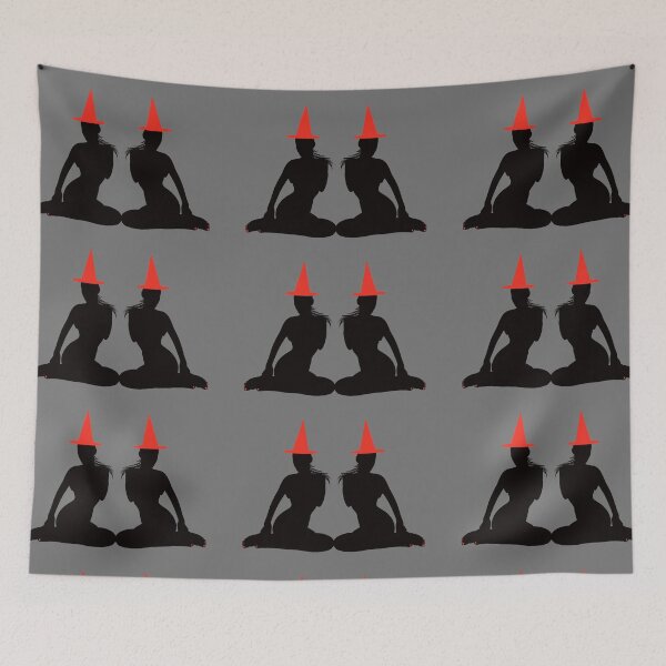 Item preview, Sensual twins silhouettes of witch with red Halloween hats designed and sold by BV-creas.