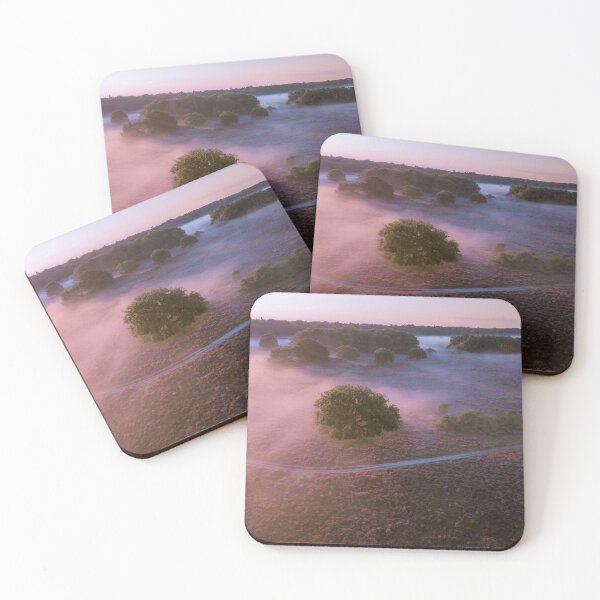 Item preview, Early sun rays on a foggy morning above Dutch Purple heathland  designed and sold by michieldros.