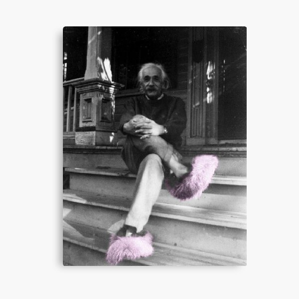 Albert Einstein in Fuzzy Pink Slippers Classic E = mc² Black and White Photograph Canvas Print