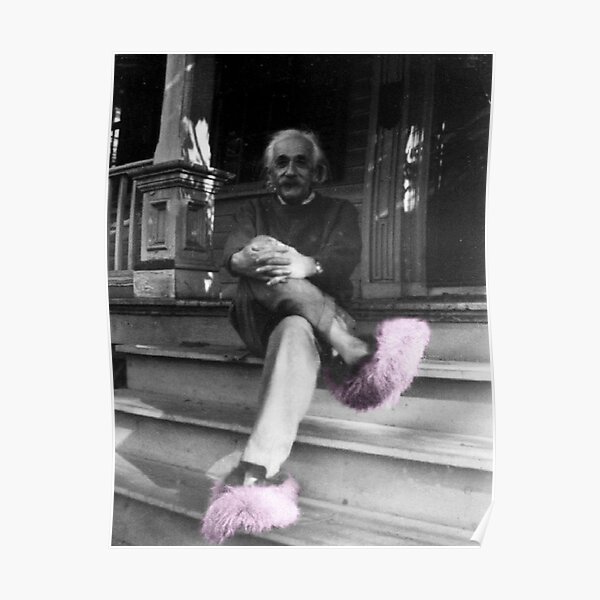 Albert Einstein in Fuzzy Pink Slippers Classic E = mc² Black and White Photograph Poster
