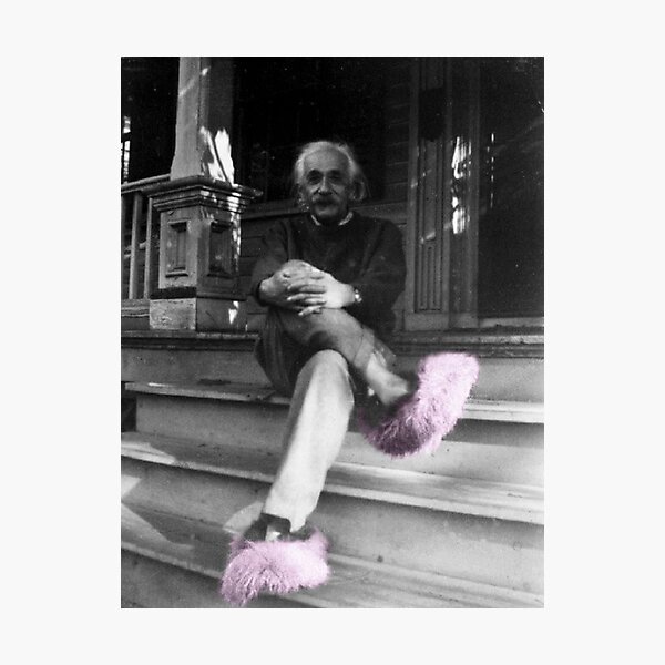 Albert Einstein in Fuzzy Pink Slippers Classic E = mc² Black and White Photograph Photographic Print