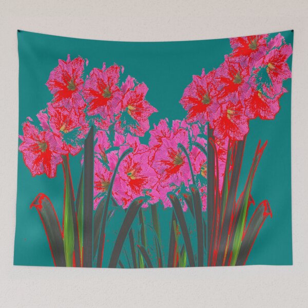Item preview, MODERN ABSTRACTED RED-PINK AMARYLLIS GARDEN TEAL COLOR ART designed and sold by sharlesart.
