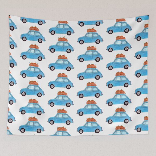 Item preview, Blue Retro Fiat 500 with pumpkins designed and sold by portosabbia.
