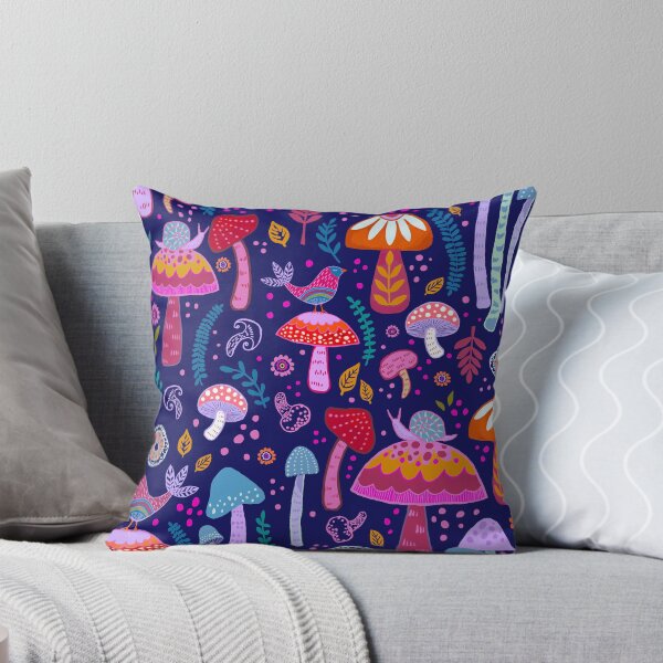 Magical Mushrooms on navy Throw Pillow