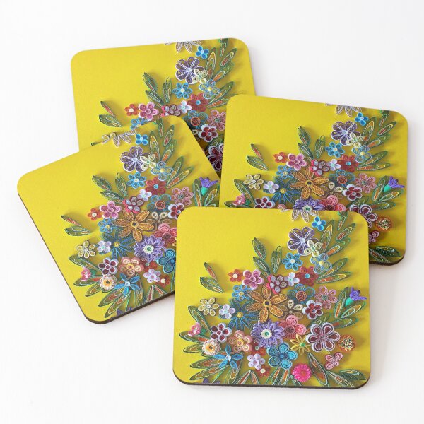 Item preview, Vivid multicolour quilled flowers on sunny yellow background (THIS IS A PRINT) designed and sold by folkyouall.