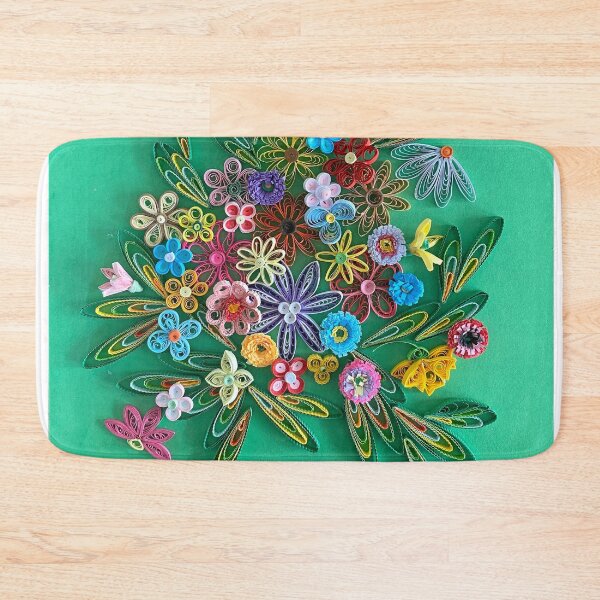 Item preview, Vivid multicolour quilled flowers on teal green background (THIS IS A PRINT) designed and sold by folkyouall.
