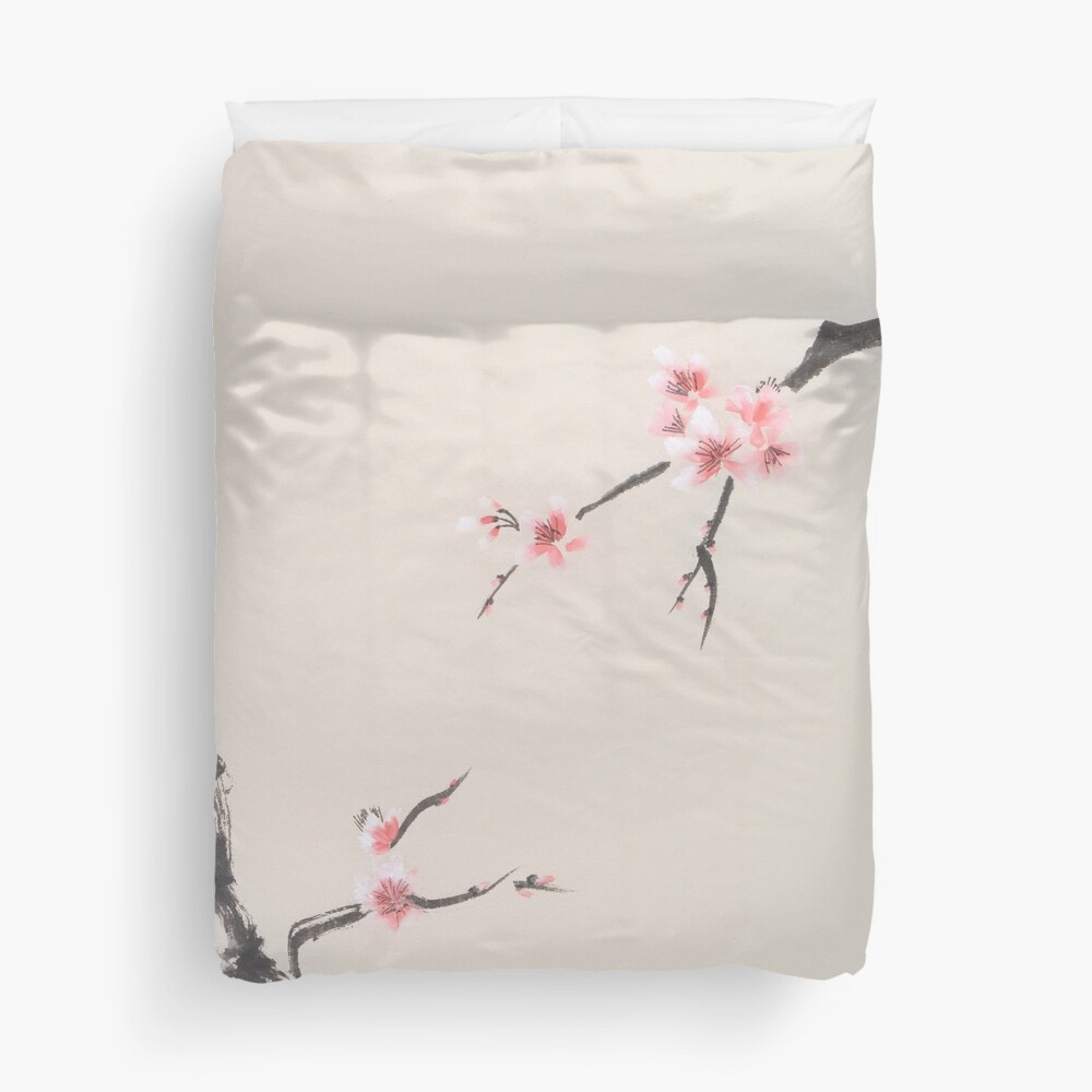 Sakura tree branches with cherry blossom flowers oriental Zen Sumie painting on beige rice paper art print Duvet Cover