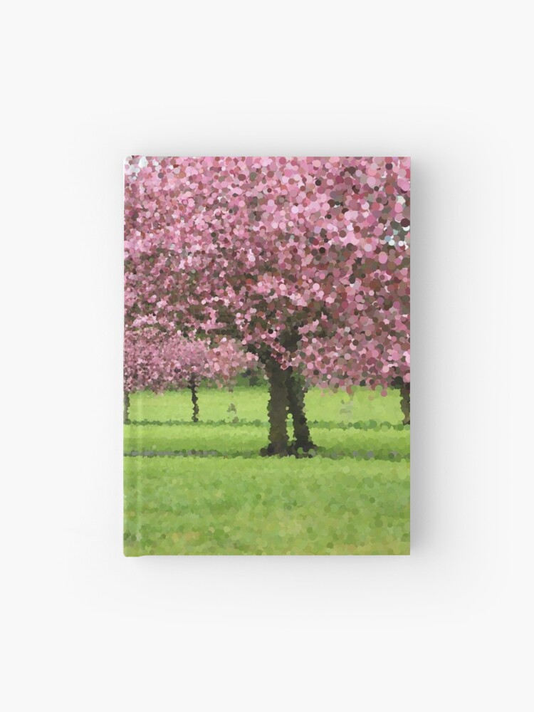 Thumbnail 1 of 3, Hardcover Journal, Pink Blossoming Trees Over Green Field designed and sold by MathenaArt.