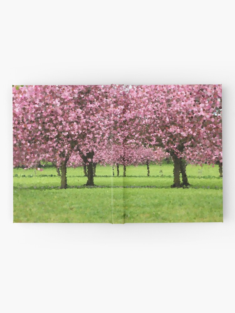Thumbnail 2 of 3, Hardcover Journal, Pink Blossoming Trees Over Green Field designed and sold by MathenaArt.