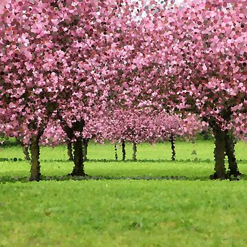 Artwork thumbnail, Pink Blossoming Trees Over Green Field by MathenaArt