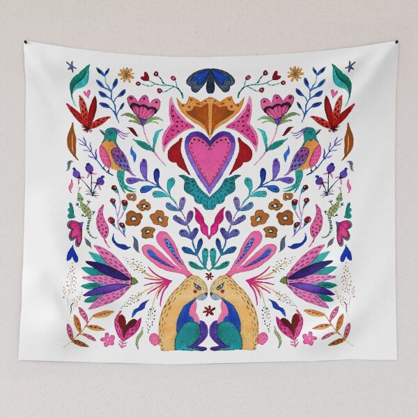 Item preview, Watercolor folk flowers rabbit lizard bird symmetrical mirrored exotic hand painted illustration modern design designed and sold by CrisBanana.