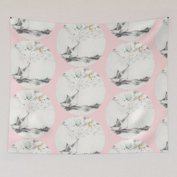 Item preview, paper boat with baloons - circle on pink bg - watercolor by Tizi Graphics designed and sold by TiziGraphics.
