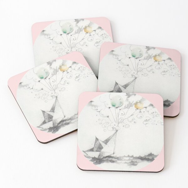 Item preview, paper boat with baloons - round on pink bg - watercolor by Tizi Graphics designed and sold by TiziGraphics.