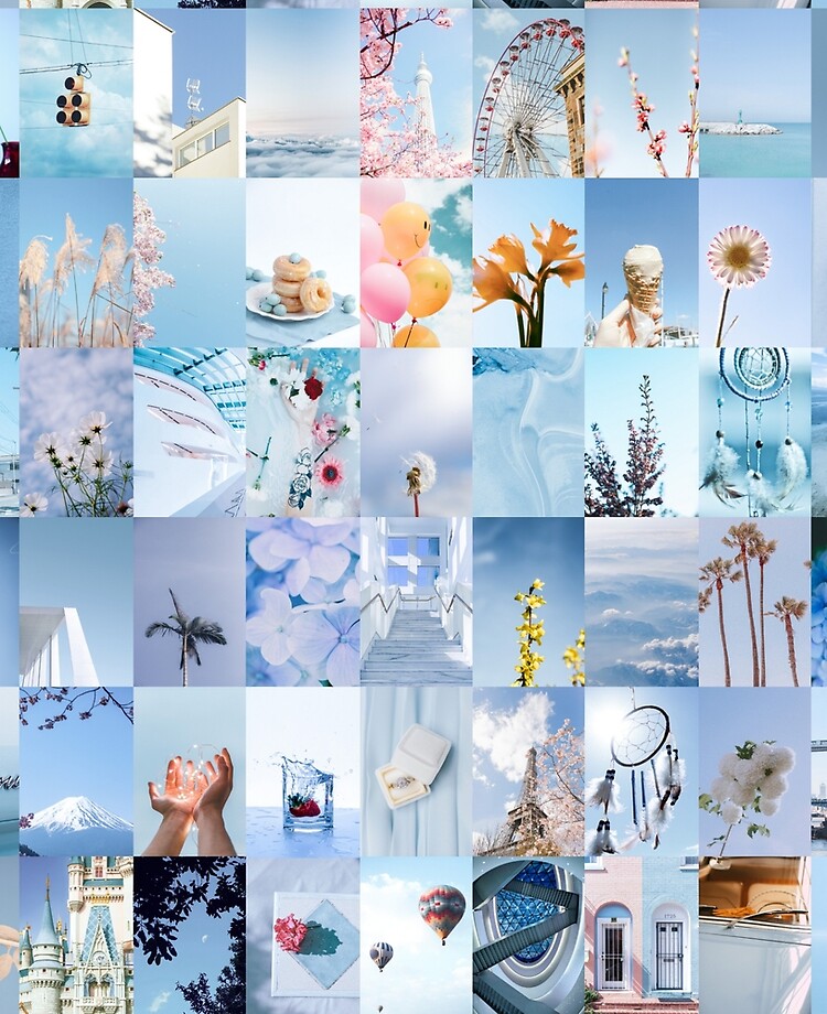 Aesthetic Pastel Blue Pictures Photo Collage (Merry Go Around, Flowers,  Floral, Dreamcatcher, Castle, Dessert)