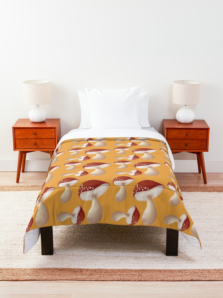Alternate view of Orange with red hand drawn mushrooms Comforter