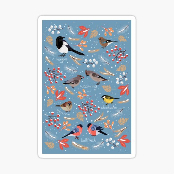 Wintering birds on the background of leaves, berries, snow. Sticker